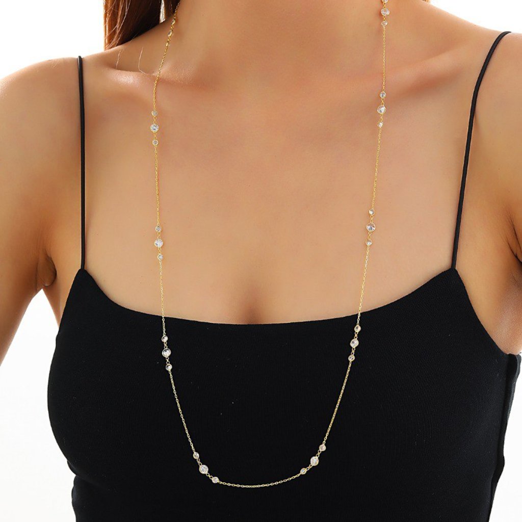 Handmade Sterling Silver Long Necklace With Clear Zircon Stones, Gold And Silver